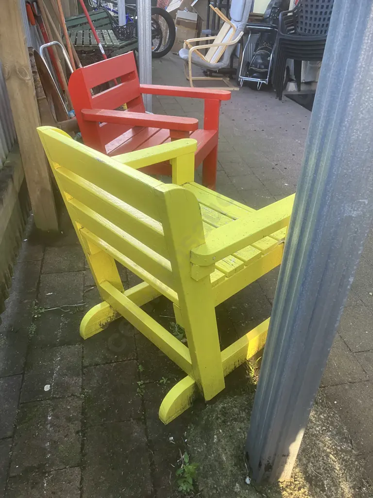 Pair of Wooden Outdoor Chairs - Orange & Yellow. 79 x 65cm Image 1++