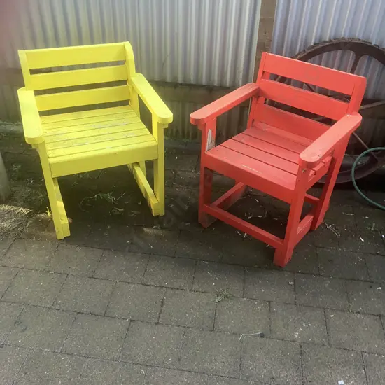 Pair of Wooden Outdoor Chairs - Orange & Yellow. 79 x 65cm