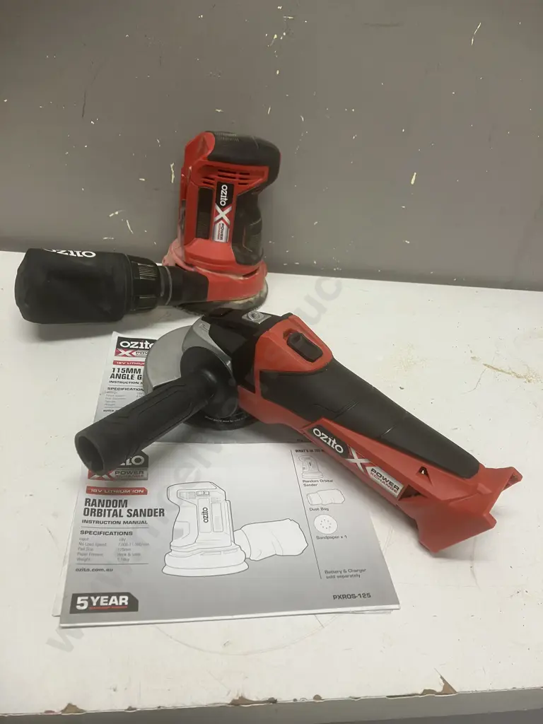 Ozito 18V PXROS-125 Random Orbital Sander Skin & PXAGS-500 Angle Grinder Skin With Manuals Image 1++