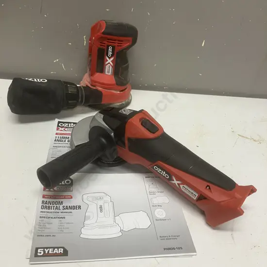 Ozito 18V PXROS-125 Random Orbital Sander Skin & PXAGS-500 Angle Grinder Skin With Manuals