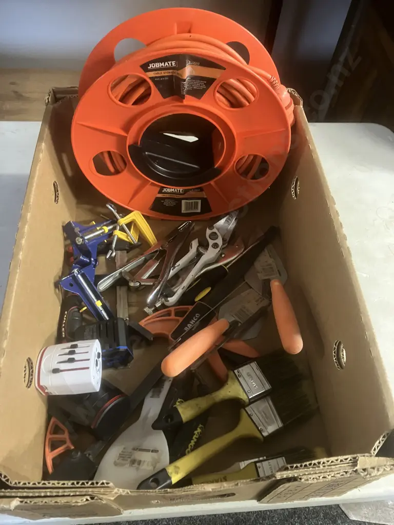 Box Lot Extension Lead, Storage Reel, Tools, Clamps, Brushes Etc Image 1++