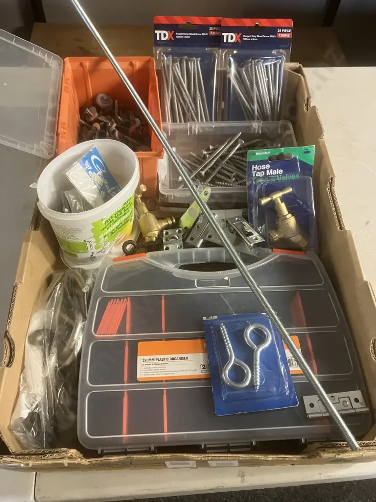 Box Lot Hardware, Screws, Hinges, Lead Sinkers Etc Image 1++