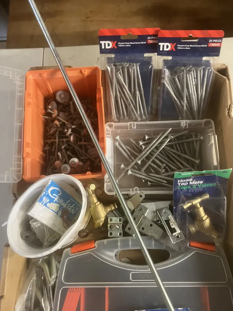 Box Lot Hardware, Screws, Hinges, Lead Sinkers Etc Image 1++