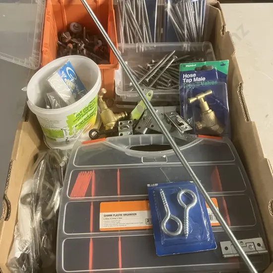 Box Lot Hardware, Screws, Hinges, Lead Sinkers Etc