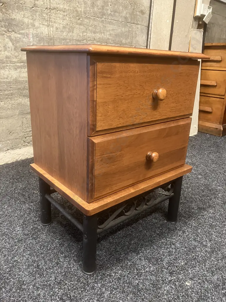 Rubberwood 2 Drawer Bedside On A Black Wrought Base. 62 x 46cm Image 1++