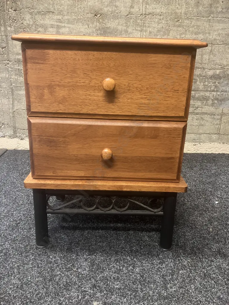 Rubberwood 2 Drawer Bedside On A Black Wrought Base. 62 x 46cm Image 1++