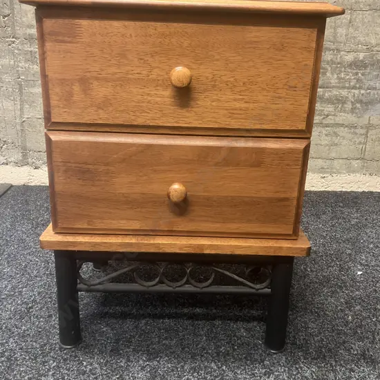Rubberwood 2 Drawer Bedside On A Black Wrought Base. 62 x 46cm
