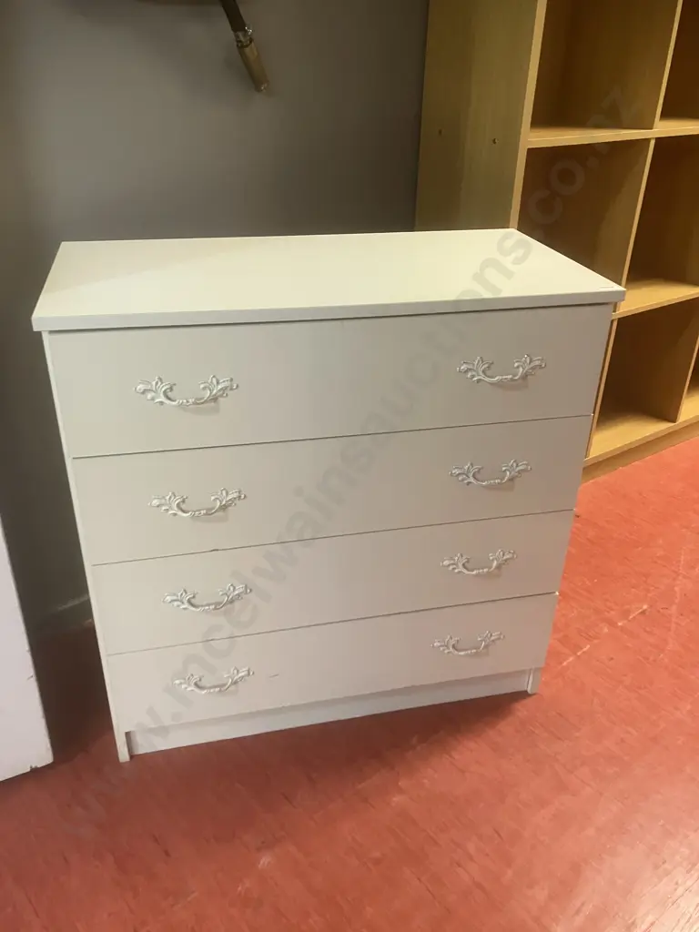 White 4 Drawer Chest With Metal Ornate Handles. H78 W77 D38cm Image 1++
