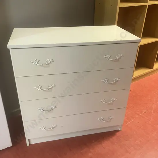 White 4 Drawer Chest With Metal Ornate Handles. H78 W77 D38cm