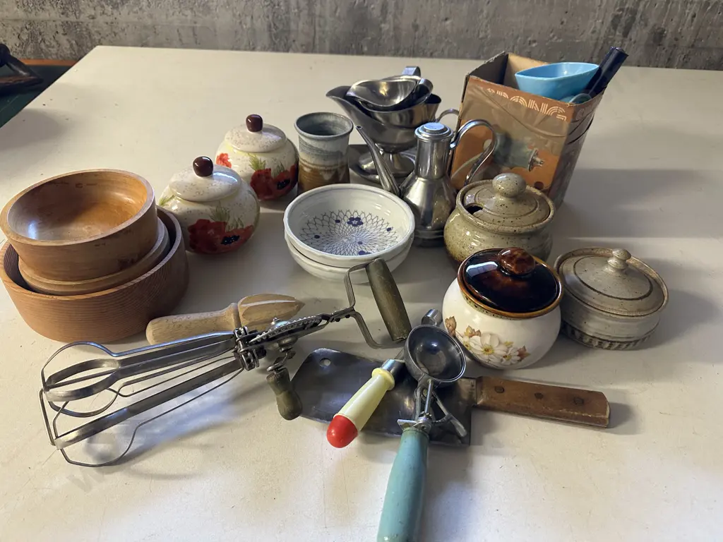 Vintage Items Including Spong Mincer, Pottery, Hand Beater Etc Image 1++