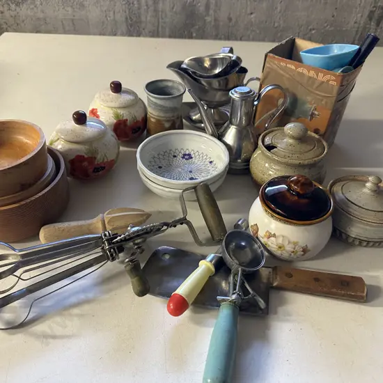 Vintage Items Including Spong Mincer, Pottery, Hand Beater Etc