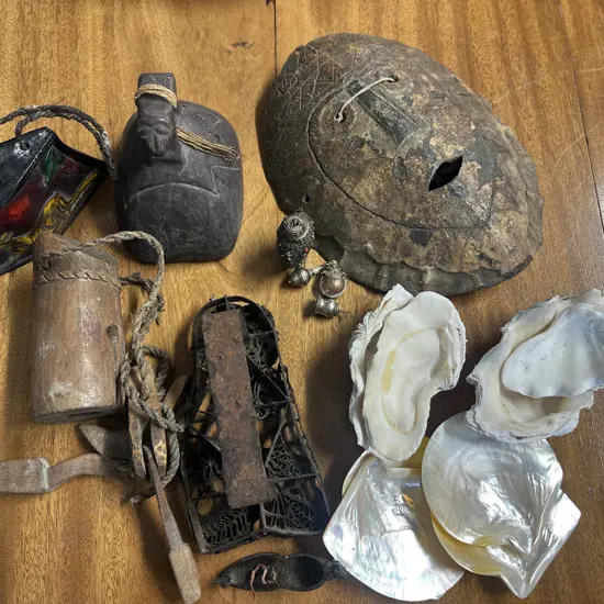 Vintage Items Including Wall Mask, Shells Etc