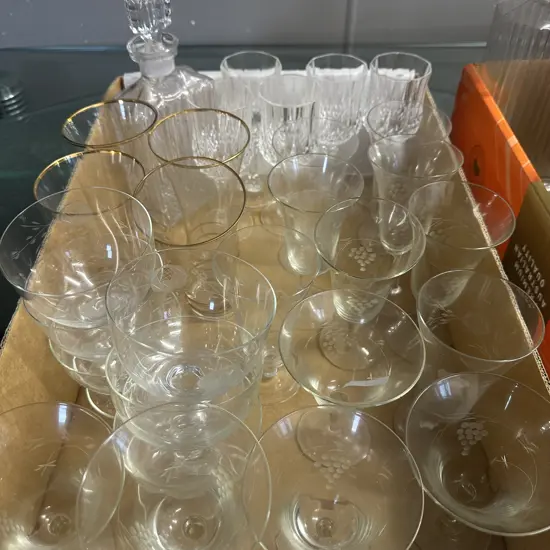 Box Lot Of Crystal Glasses, Decanter Etc