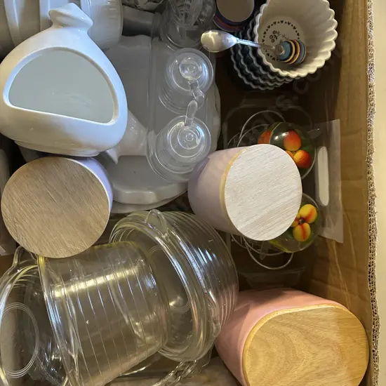 Box Lot Of Canisters, Lidded Glass Bowls, Condiment Sets Etc