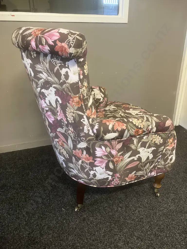 Antique Roll Backed Lounge Chair, Turned Legs & Brass Castors, Button Backed Floral Fabric Image 1++