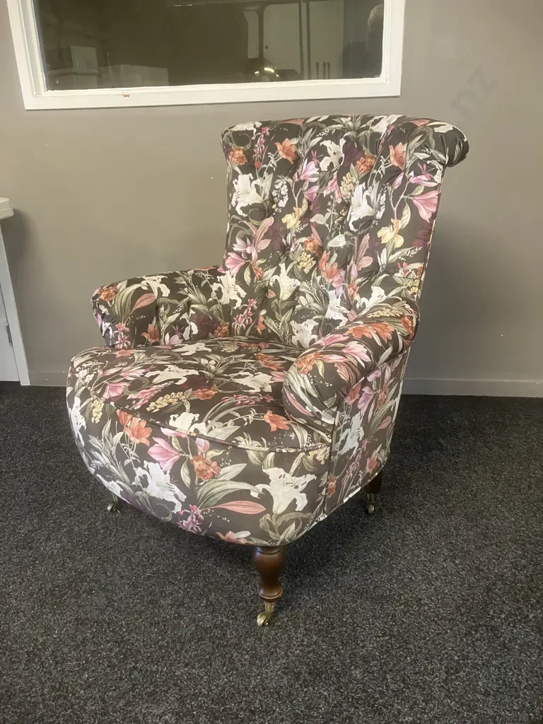 Antique Roll Backed Lounge Chair, Turned Legs & Brass Castors, Button Backed Floral Fabric Image 1++