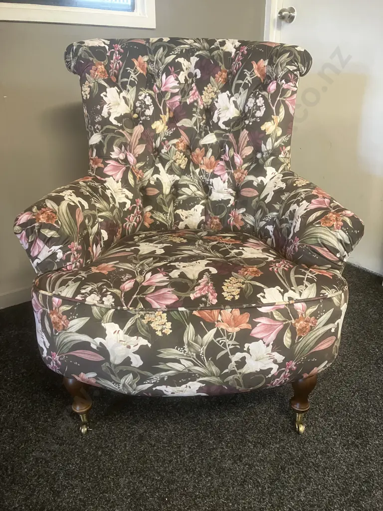 Antique Roll Backed Lounge Chair, Turned Legs & Brass Castors, Button Backed Floral Fabric Image 1++