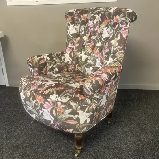 Antique Roll Backed Lounge Chair, Turned Legs & Brass Castors, Button Backed Floral Fabric