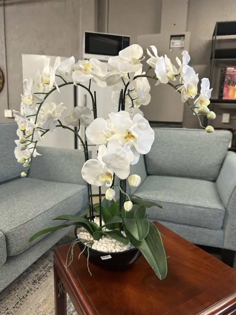 Faux Decorative Orchids In Black Pot Image 1++