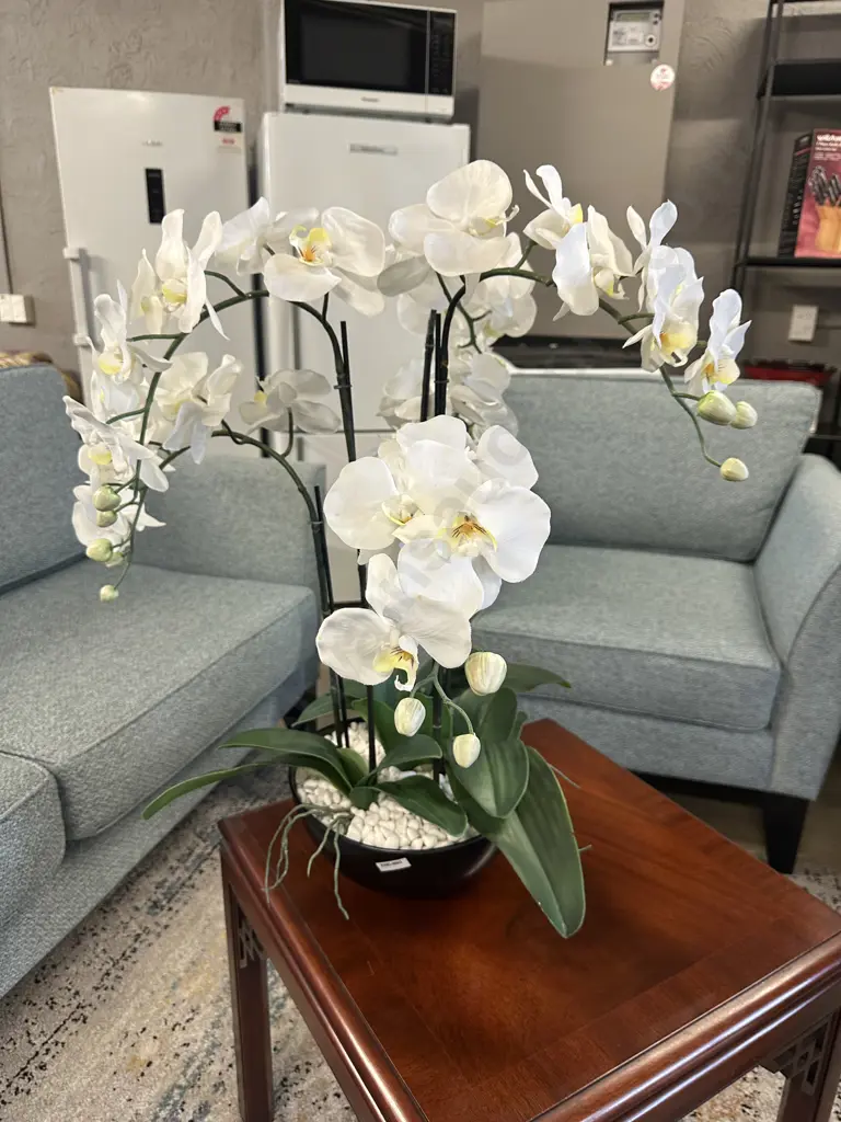 Faux Decorative Orchids In Black Pot Image 1++