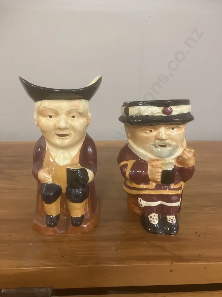 Vintage Shorter & Son Staffordshire England Toby Jugs x 2 - Beefeater & Gent Sitting, 13.5 & 12cm c1950s Image 1++