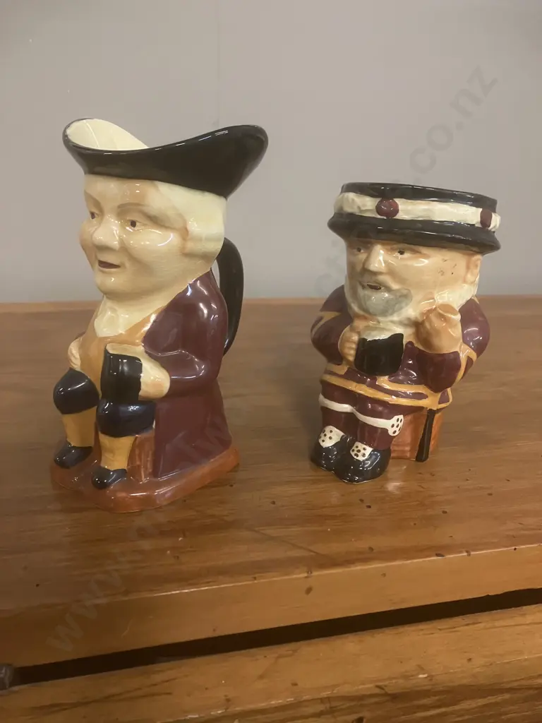 Vintage Shorter & Son Staffordshire England Toby Jugs x 2 - Beefeater & Gent Sitting, 13.5 & 12cm c1950s Image 1++