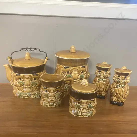 Vintage 1950s Ceramic Benjamin Franklin Tea Pot, Creamer And Sugar Set, Cookie Barrel, Salt & Pepper - Japan