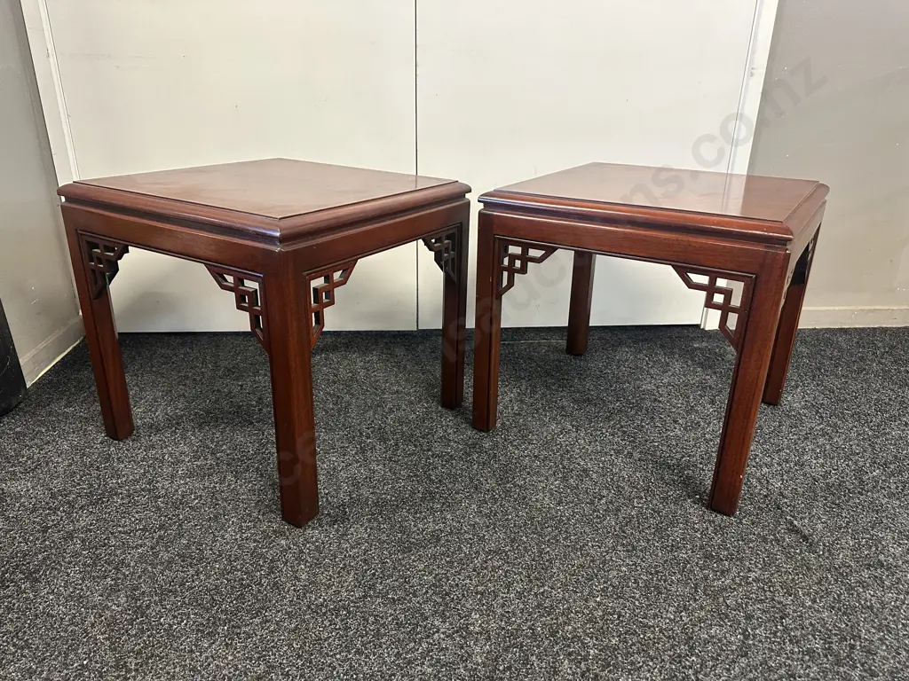 Pair Of Classic Chinese Ming Style Square Rosewood End Tables With Delicate Openwork Corner Spandrels 50x50cm. Image 1++