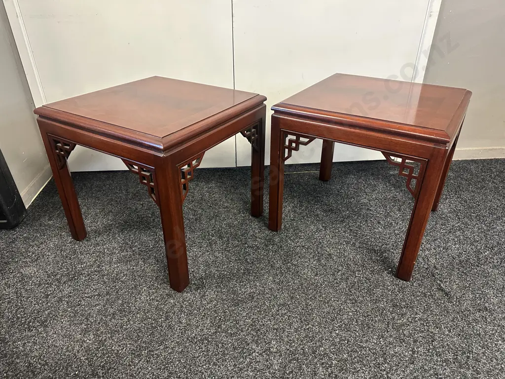 Pair Of Classic Chinese Ming Style Square Rosewood End Tables With Delicate Openwork Corner Spandrels 50x50cm. Image 1++