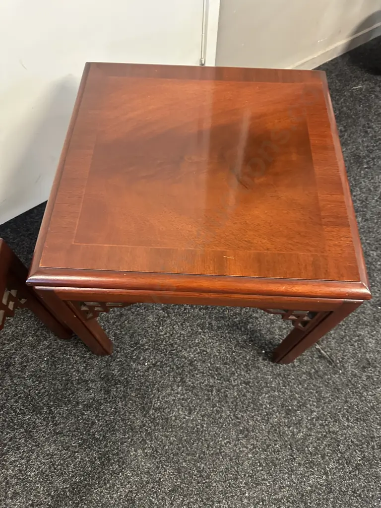 Pair Of Classic Chinese Ming Style Square Rosewood End Tables With Delicate Openwork Corner Spandrels 50x50cm. Image 1++