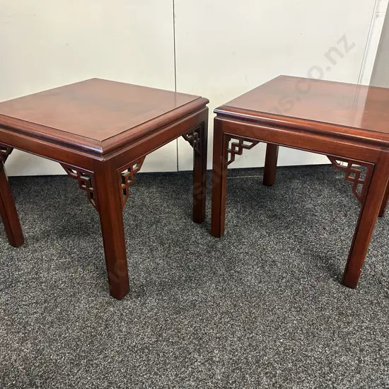 Pair Of Classic Chinese Ming Style Square Rosewood End Tables With Delicate Openwork Corner Spandrels 50x50cm.