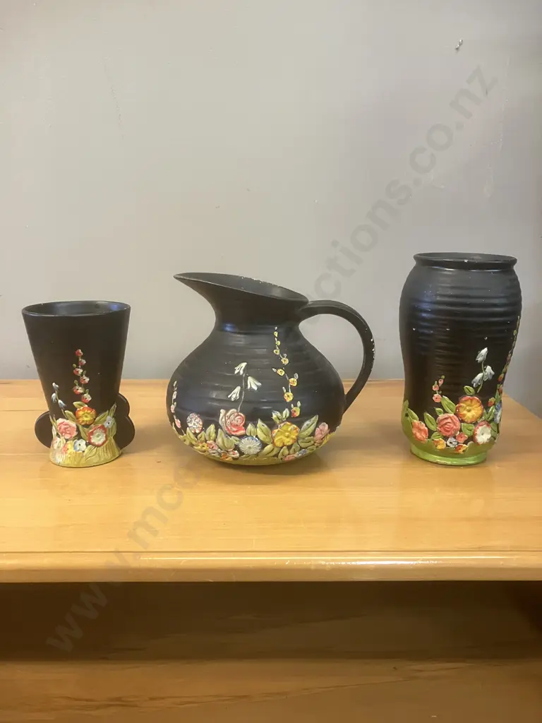Rare 1930's Moriage Brentleigh Ware English Pottery Floral Pitcher & Vases Image 1++