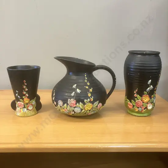 Rare 1930's Moriage Brentleigh Ware English Pottery Floral Pitcher & Vases