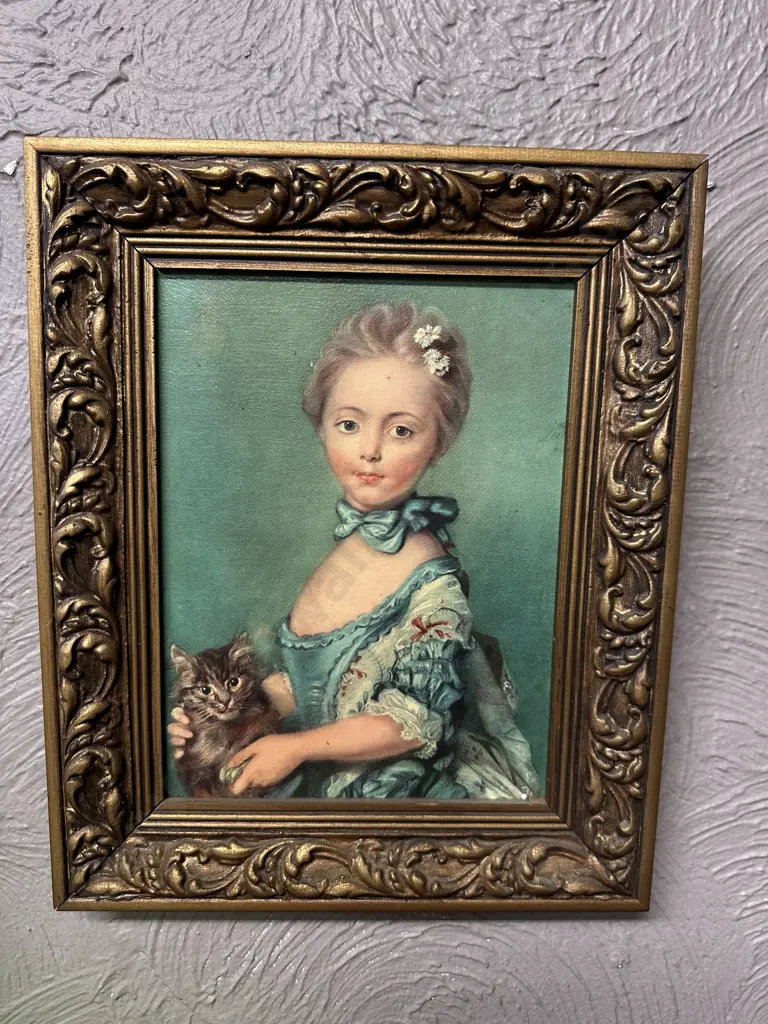 Ornate Gilt Framed Oil On Canvas "Girl With Kitten" JB Perronneau Image 1++