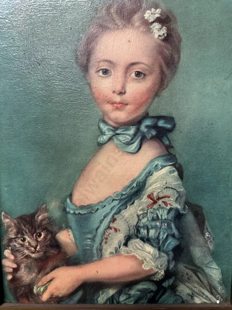 Ornate Gilt Framed Oil On Canvas "Girl With Kitten" JB Perronneau Image 1++