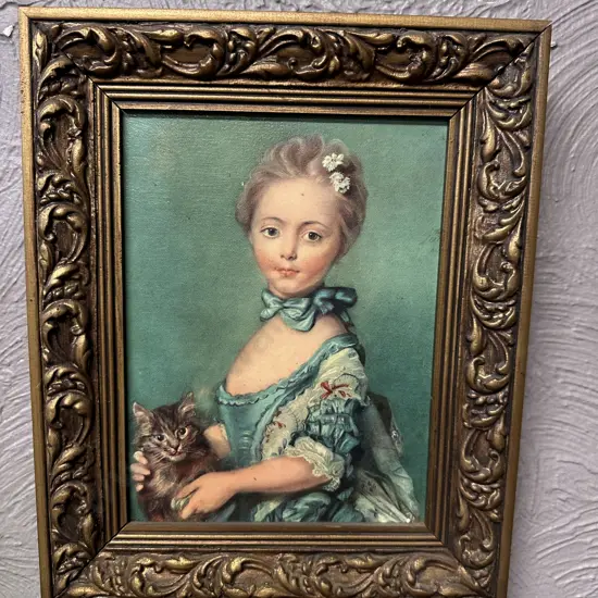 Ornate Gilt Framed Oil On Canvas "Girl With Kitten" JB Perronneau
