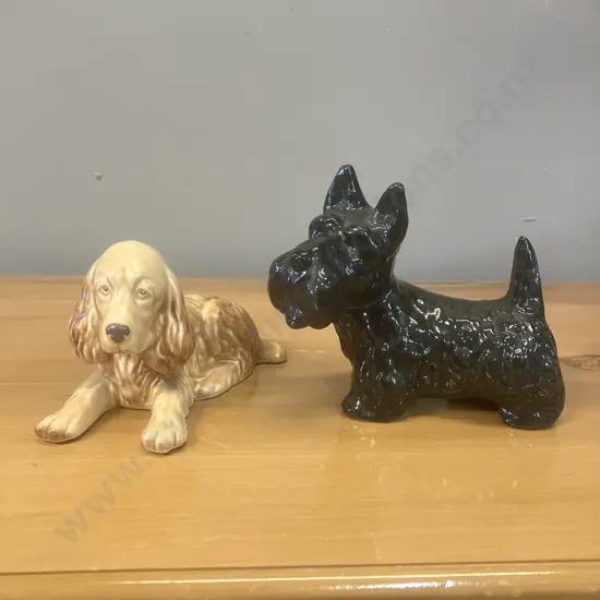 Vintage Sylva 114 Spaniel Dog Made In England & Black Ceramic Scottish Terrier
