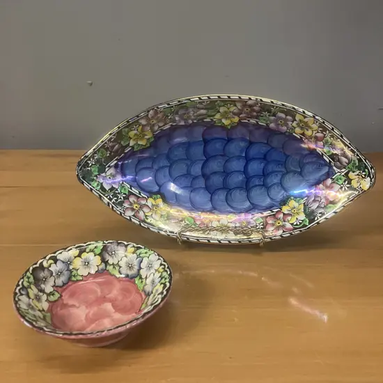 1930's Maling Clematis Pattern Oval Dish Thumbprint Blue & Round Dish Thumbprint Pink