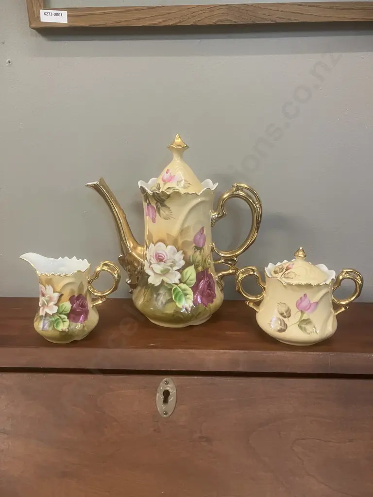 Vintage Gainsborough Japan Porcelain Coffee Pot, Creamer & Sugar Bowl (Creamer Repaired) Image 1++