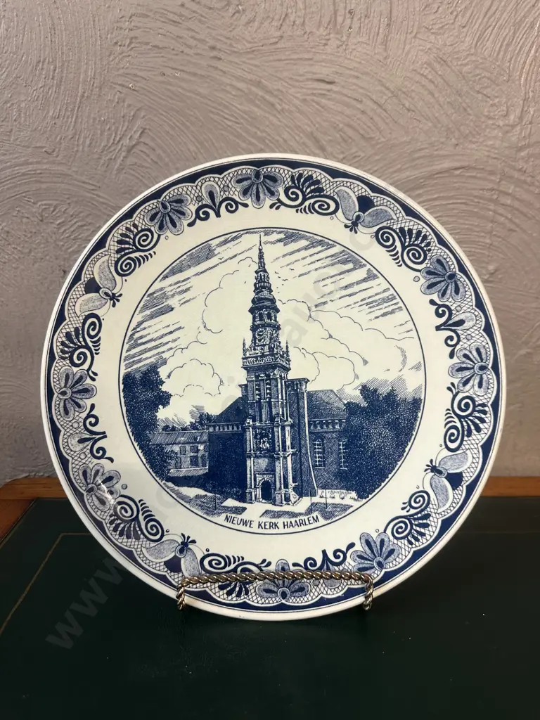 Vintage Delft Blue Ceramic Wall Plate Featuring Illustration Of The Nicuwe Kerk Haarlem Image 1++