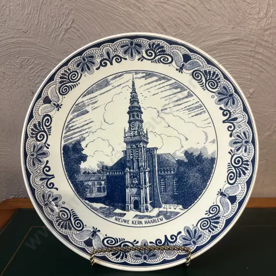 Vintage Delft Blue Ceramic Wall Plate Featuring Illustration Of The Nicuwe Kerk Haarlem
