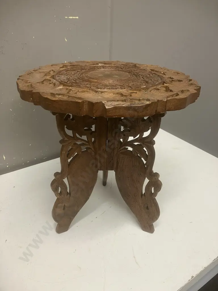 Vintage Hand Carved Inlaid India Side Table With Folding Base. 32 x 31cm Image 1++
