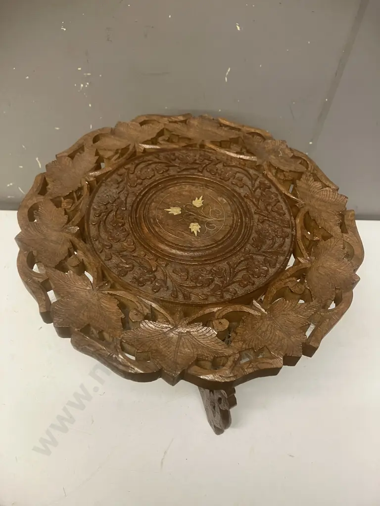 Vintage Hand Carved Inlaid India Side Table With Folding Base. 32 x 31cm Image 1++