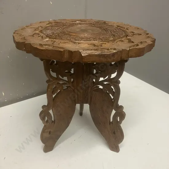 Vintage Hand Carved Inlaid India Side Table With Folding Base. 32 x 31cm