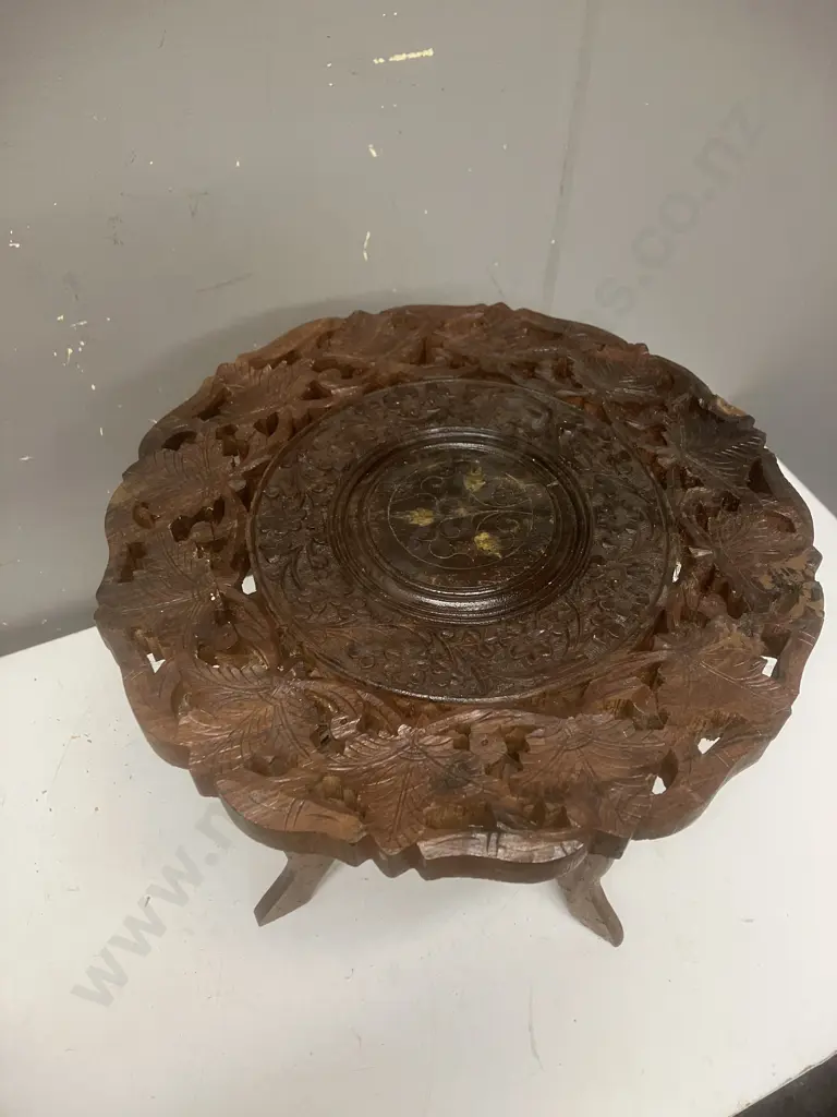 Vintage Hand Carved Inlaid India Side Table With Folding Base. 33 x 31cm Image 1++