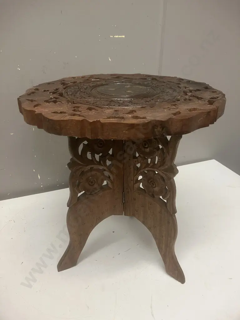Vintage Hand Carved Inlaid India Side Table With Folding Base. 33 x 31cm Image 1++
