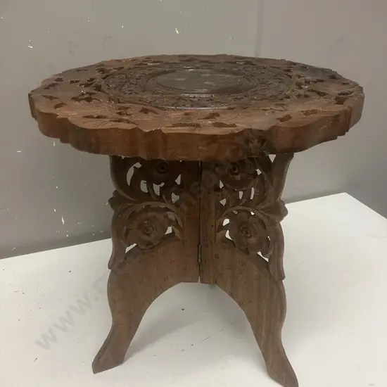Vintage Hand Carved Inlaid India Side Table With Folding Base. 33 x 31cm