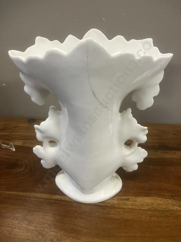 Paris Porcelain Spill Vase With Leaf Handles & Applied White Flowers - Pair of. H27cm (As Found) Image 1++
