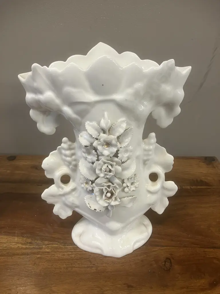 Paris Porcelain Spill Vase With Leaf Handles & Applied White Flowers - Pair of. H27cm (As Found) Image 1++