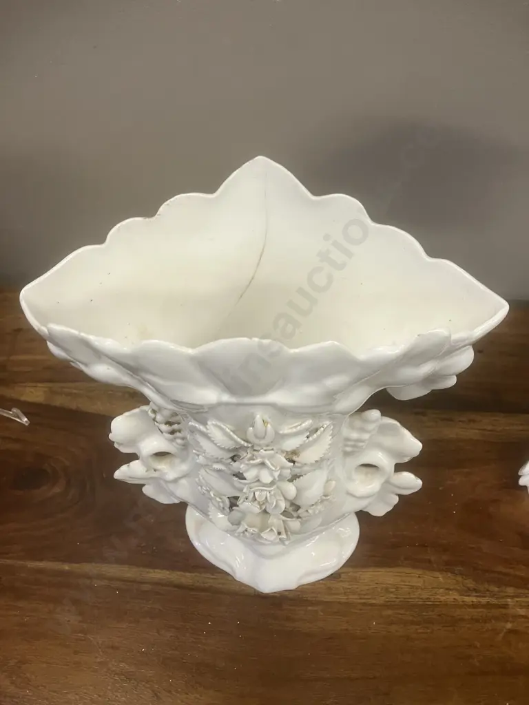 Paris Porcelain Spill Vase With Leaf Handles & Applied White Flowers - Pair of. H27cm (As Found) Image 1++